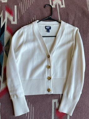 Lands' End Crop V-Neck Knit Cardigan in Cream